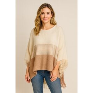 Lauren Conrad Knit Poncho Pullover Shawl Sweater Ivory Rose Pink With Fringe OS